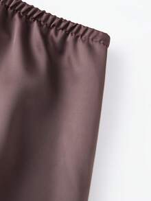 Womens Satin Asymmetrical Skirt Lace Patchwork Mid Rise Midi Skirt For Party Daily Life - Reddish Brown - View 2