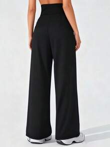 Women's Wide Leg Yoga Pants Solid High Waist Lounge Pleated Dress Work Sweatpants With Pockets - 黑色 - 查看 3