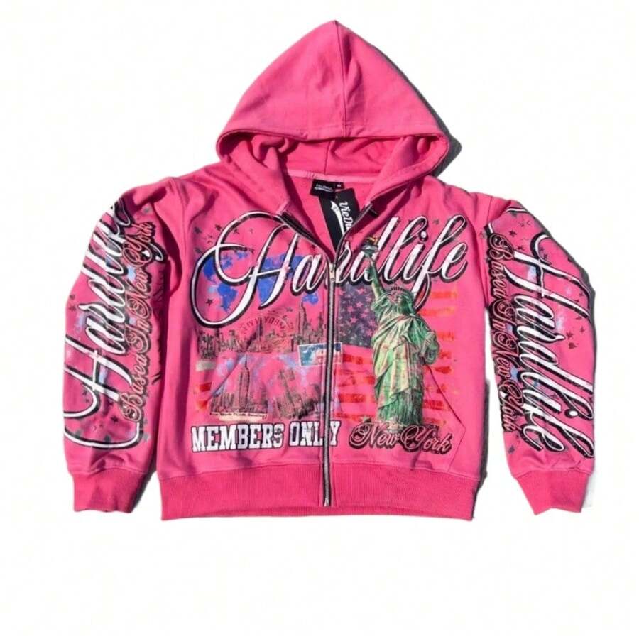 Hip Hop Y2K Streetwear Vintage Alphabet Hooded Cardigan Printed Loose Sports Harajuku Sweater - Hot Pink - View 1
