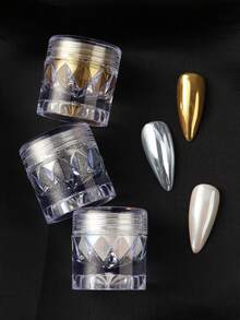 Y2K镜面铬闪粉美甲粉（带刷子），金属魔镜效果浸粉美甲油，白色、珍珠金、银色，可贴于指甲贴纸上，美甲用品 - 彩色 - 查看 7