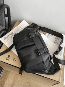 1个男士黑色功能性胸包，时尚大容量街头风斜挎包，多口袋设计，适合通勤 - 黑色 - 查看 3