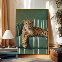 1 buc. Poster de artă murală înrămat pe pânză, poster cu leopard pe canapea, artă contemporană modernă verde smarald, decor de casă cu plante, artă murală cu ghepard, artă murală imprimabilă cu ghepard, decor de casă la modă pentru sufragerie, estetică decor dormitor - Multicolor - Vizualizare 2