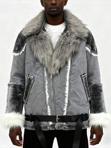 Faux Fur Panel Oversized Collar Men's Coat, Loose Fit Sheepskin-Lined Long Sleeve Winter Outerwear - 灰色 - 查看 2