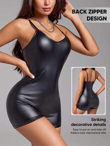 Bộ áo liền quần ôm sát kiểu dáng tối giản phong cách Y2K dành cho nữ, chất liệu giả da màu đen, thích hợp cho mùa hè. - màu đen - Xem 5