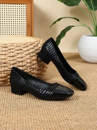 Women's Fashion Square Toe Stone Texture Slip-On Pumps, Casual Vintage Comfortable High-End Almond Color Versatile Shoes For Holiday, Travel, Shopping, Outdoor