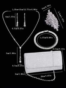 5pcs Women's Fashion Versatile Minimalist Clutch Bag, Evening Bag, Dress Party Bag, Rhinestone Necklace, Earrings, Bracelet, Ring 5-Piece Set - Silver - View 6