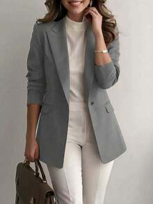 Women's Casual Office Solid Color Lapel Blazer Jacket, Long Sleeve Button Pockets, Suitable For Autumn, Winter And Spring - Grey - View 2