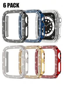 6pcs Shiny Watch Case Compatible With Apple Watch 40mm, 41mm, 42mm, 44mm, 45mm, 46mm And 49mm. Featuring Double-Row Diamond Inlaid, Shock-Resistant, Hollow-Out Hard PC Protective Case, Compatible With Apple Watch Ultra/11/10/9/8/7/6/5/4/SE Series. Fashionable And Elegant Ladies' Watch Case, Comfortable To Wear, Sensitive Touch. - Transparent + Blue + Black + Starlight + Rose Gold + Various Colors - View 15