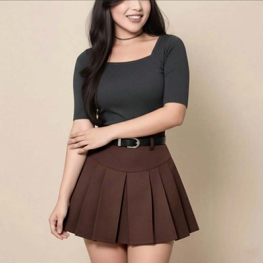 Short Pleated Tailored Schoolgirl Skirt With Side Zipper, Casual, Pleated Fabric, With Textured Folded Belt, Mini Skirt, Night, Vacation, Street, Photoshoot, Travel - 鏽棕色 - 查看 1