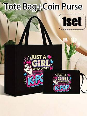 1-pack K-Pop-tygväska - Koreansk popstjärnedesign med hjärthänder och K-Pop-bokstäver, med dragkedja, sminkväska, inkluderar tygväska och myntbörs, damväska med stor kapacitet, tygstruktur, handtvättbar, fodrad, avslappnad enkel axelrem, lämplig för pendling, shopping och daglig fritid, lämplig för sammankomster och fester, den perfekta presenten till en vän