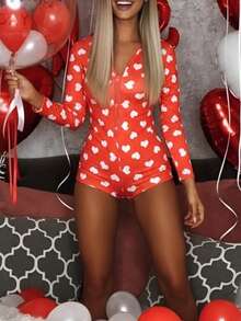 Womens One Piece Valentines Romper Slim Fit Lips Bow Love Heart Print Button V Neck Long Sleeve Jumpsuit - 橘色 - 查看 3