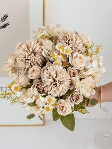 1/3/80pcs 11.22" Artificial Hydrangea, Rose, Daisy, Chrysanthemum Flower Combination, Suitable For New Year Party, Wedding, Birthday Anniversary, Fireplace And Dining Table Decor, Indoor/Outdoor Home Decoration, Wreath Making, Thanksgiving Decor, DIY - Coffee Brown - View 5