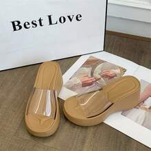 Transparent High Heel Thick Sole Strap Slide Sandals For Women, New Summer Platform Beach Slippers - Brown - View 3