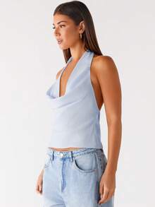 Tank Top For Women Summer Halter Tops Deep V-Neck Pleated Sleeveless Cami Shirts Party Night Streetwear - 藍色 - 查看 4