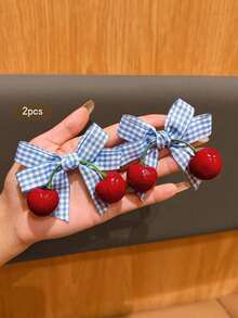 2pcs Cute Cherry Bow Hair Clips, Sweet Style Hair Accessories Suitable For Daily Use, Affordable Hair Decor - 淺藍色 - 查看 3