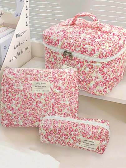 3pcs/1pc Cute Quilted Cosmetic Bag, Floral Zipper Print Storage Pouch, Handheld Small Makeup Bag, Large Capacity Multi-Function Cosmetic Organizer Wallet Clutch, Portable Makeup Brush Holder, Skincare Storage Bag