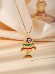 1 件不锈钢 18K 镀金摇摆鱼吊坠项链，独特鱼骨吊坠项链，适合女性，海滩度假 - 金色 - 查看 8