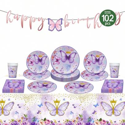 一套紫色蝴蝶皇冠生日快乐一次性餐盘、餐巾纸、杯子、桌布和横幅，生日主题一次性派对用品套装，适合25位客人，一次性纸盘派对餐具，适用于生日、婚礼、主题派对、家庭野餐