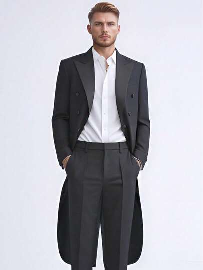 Frackjacka för män - Lång svart kvällsfrack med spetsiga slag, lyxig bröllopsgalamiddag, kostym för kördirigent, svart jacka endast