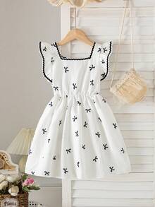 Girls' Casual Butterfly Print Bow Tie Splice Design Sleeveless Knee-Length Dress, Summer - White - View 2