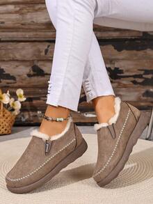 女士冬季雪地靴，时尚休闲轻便一脚蹬踝靴，低帮纯色，防寒防滑耐穿冬季靴，适合日常穿着和户外活动 - 卡其色 - 查看 3