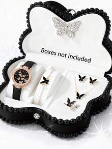 6/5件套优雅女孩精致时尚蝴蝶图案表盘石英表，适合女孩佩戴，可搭配蝴蝶首饰项链、手链、戒指和耳环套装，是送给女孩的完美生日/节日礼物，适合返校、聚会和旅行等日常生活场合。也是圣诞节、毕业季、情人节等节日送给女孩的完美礼物。 - 彩色 - 查看 4