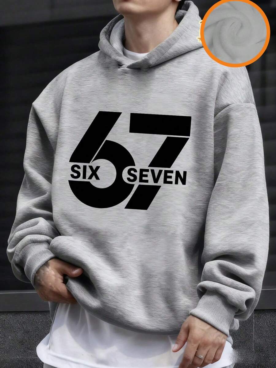 男童“67”数字字母图案保暖套头卫衣，秋冬季保暖舒适。