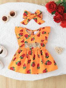 Baby Floral Rose Print Dress With Headband Set - Orange - View 1