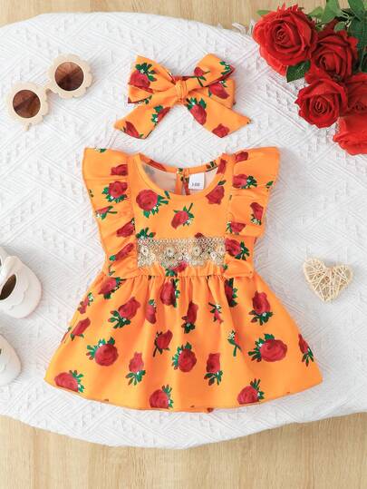 Baby Floral Rose Print Dress With Headband Set