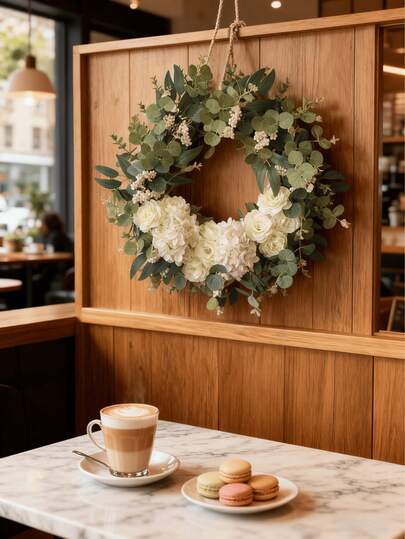 1 件，白玫瑰和桉树叶藤蔓花环，低维护常绿人造家居装饰，简约季节性家居点缀。