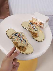 1 Paar Kinder Mode Lässig Outdoor Schmetterling bestickte flache bequeme Flip-Flop Sandalen, Kinder Strandpantoffeln - Gold - Übersicht 1