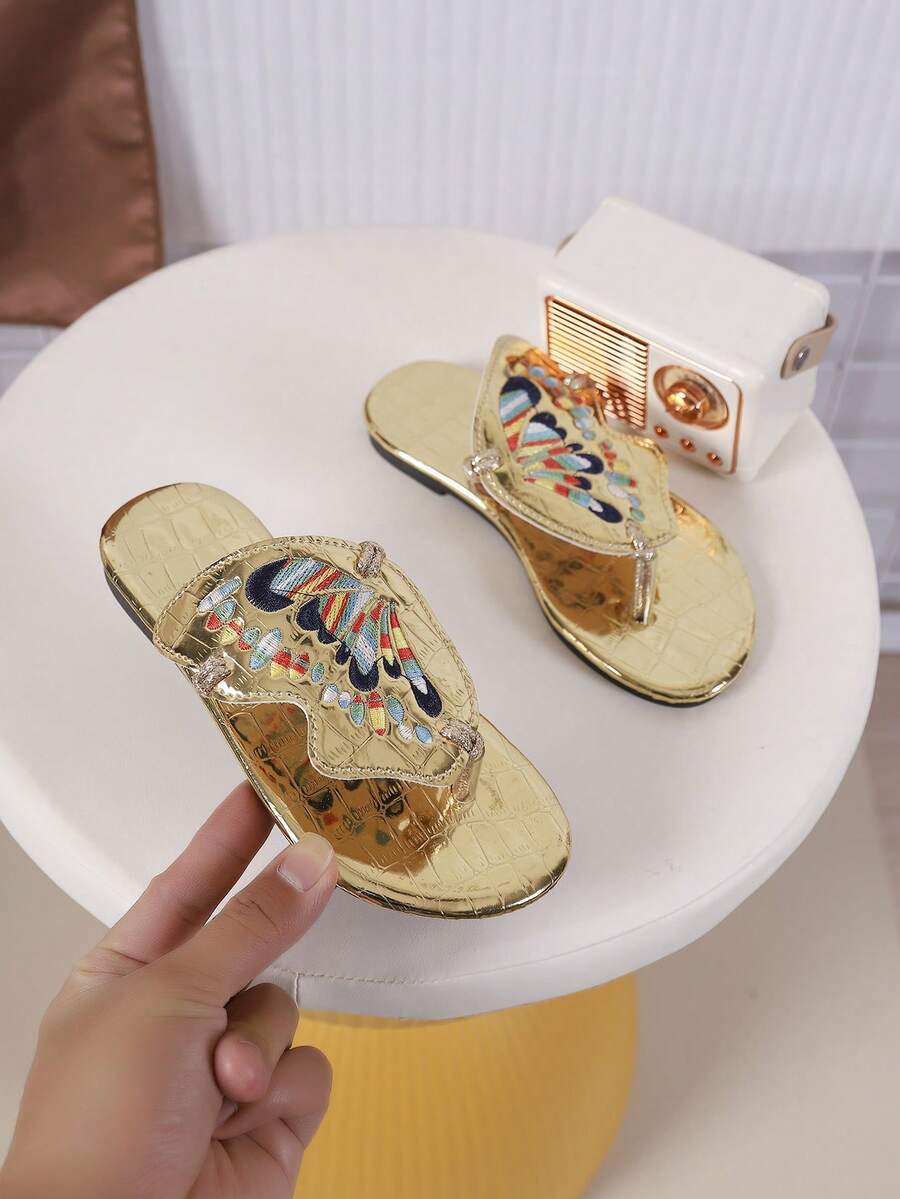 1 Paar Kinder Mode Lässig Outdoor Schmetterling bestickte flache bequeme Flip-Flop Sandalen, Kinder Strandpantoffeln - Gold - Übersicht 1