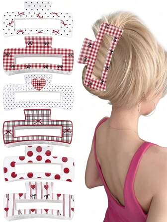 3/6pcs Cute Bow, Heart, Plaid, Polka Dot Print Square Hair Clips, Elegant Hollow Big Hair Claw, Princess Half Bun, High Ponytail, Seamless Hair Accessories For Outing, Party, Holiday, Festival, Valentines Day, Thanksgiving, Christmas, New Year, Perfect Gift Fashion Hair Clutch