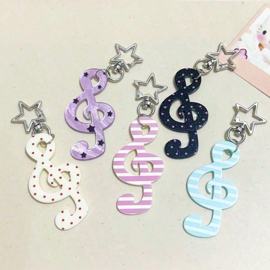 1pc Korean Retro Sweet Polka Dot, Stripe, Star, Music Note Keychain, Phone Charm, Bag Pendant, CCD Charm, Phone Lanyard - Multicolor - View 1