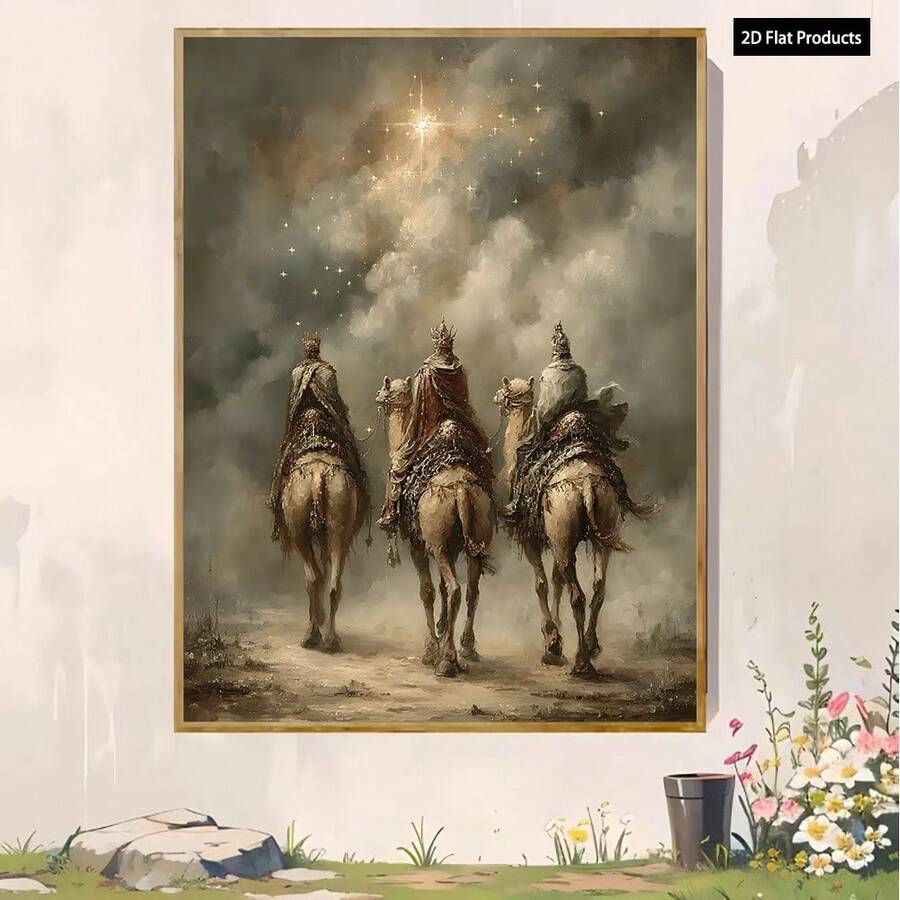 1 Pc Canvas Painting, The Three Wise Men Follow The Star Of Bethlehem - A Wall Art Of The Biblical Nativity Scene Of Jesus , Wooden Framed Art,High Quality ,Thickness 2. 25cm/1inch Wall Art Prints Poster Direct Hanging Decor For Home Gifts,Living Room, Bathroom, Bedroom, Kitchen,Bar,Office,Halloween, Christmas And Valentine's Day Gifts,2D Plane - 彩色 - 查看 1