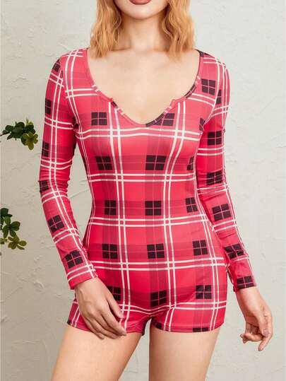 Valentine's Day Women's Romper Shorts, Funny Print Long Sleeve Button Down Deep V Neck Bodysuit