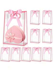 5 piezas Bolsas de regalo de plástico transparente con asas troqueladas, bolsas de flores de PP reutilizables con cintas, adecuadas para bodas, novias, fiestas de cumpleaños, ocasiones de negocios, se pueden usar como embalaje de regalo para el Día de la Madre (Rosa) - Rosa - Ver 1