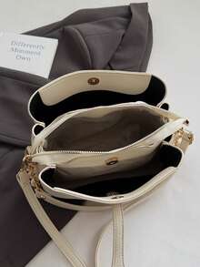 Túi xách đeo vai nhiều lớp bằng da PU màu trơn thời trang & thanh lịch dành cho nữ - Màu be - Xem 8