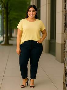 Plus Size Plain Blouse, Casual, Modern, Basic, Current, Contemporary, Viscose/Lycra, For Everyday Work. - Amarillo mantequilla - Ver 3