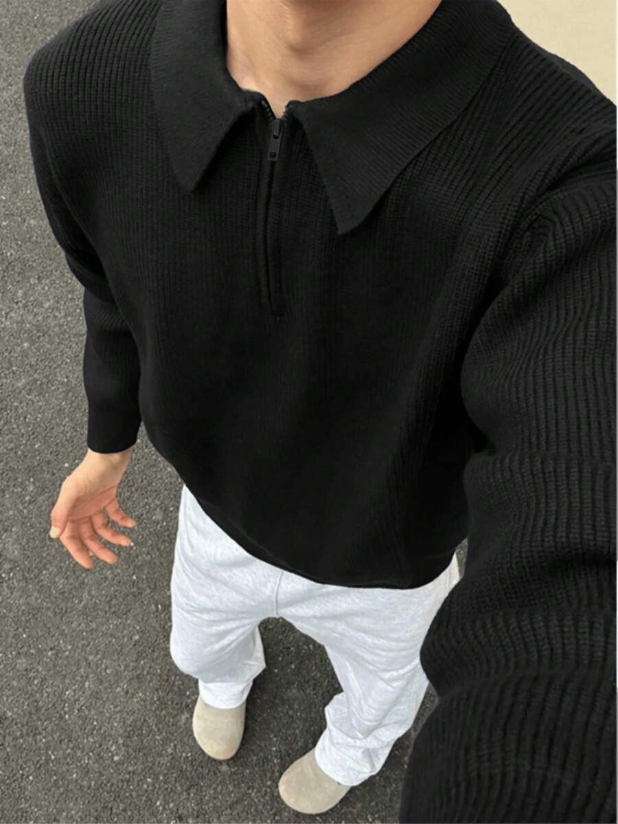 1pc Teen Boys Minimalist Versatile Fashion Personalized Solid Color Comfortable Casual Outdoor Zip-Up Warm Thick Knit Sweater, Spring/Autumn/Winter