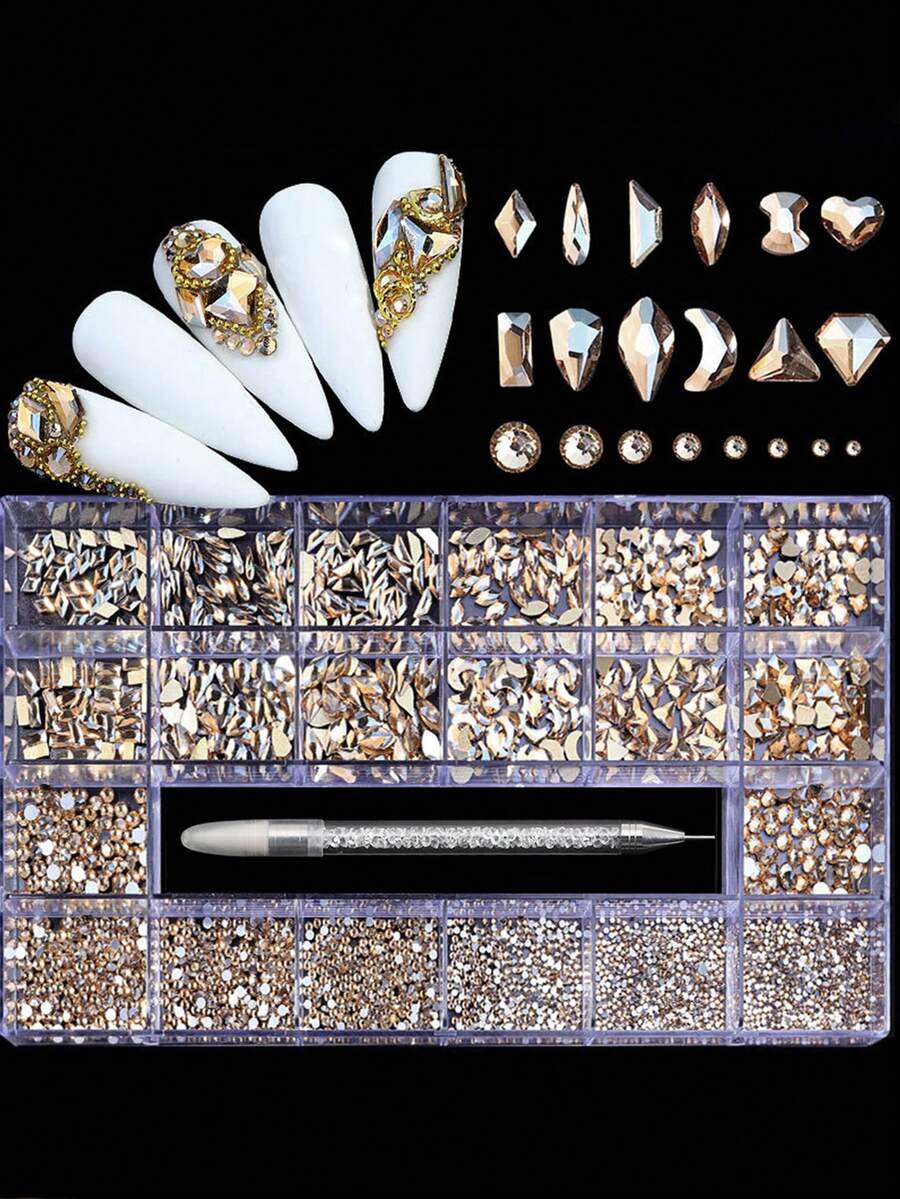 21-Frame Manicure Flat Rhinestone Set, 2500 Round Diamonds And 600 Flat Special-Shaped Diamonds, Multi-Shaped Rhinestone Rhinestone Set Box With Diamond-Stick Pen, Suitable For Nail DIY Decoration - Champagne - View 1