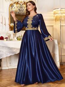 Plus Size Sequin Floral Lace Patchwork Gold Trim Long Sleeve Satin Hem Elegant Evening Gown, Wedding Guest Dress, Suitable For Birthday, Homecoming Dance - Navy Blue - View 5