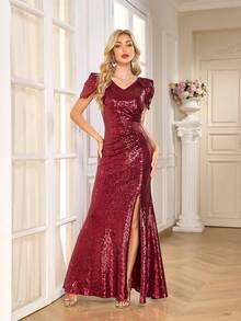 CEILIM 1pc Elegant Sparkling Polyester Backless Sequin Patchwork High Slit Maxi Dress, Suitable For Party, Wedding, Cocktail, Holiday, All Seasons Spring - Burgundy - View 2