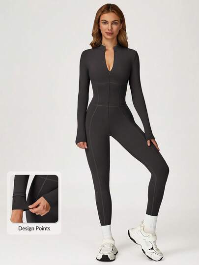 MASKERT 女士高领长袖拉链设计瑜伽连体服，紧身修身，适合运动训练