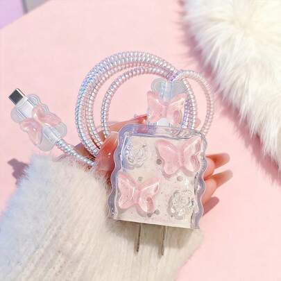 1pc Pink Butterfly Design Charging Cable Protector - Compatible With IPhone 20W Charger, Delicate Butterfly & Glitter Decor, Full-Coverage Design To Protect The Charger Body, Spiral Texture Anti-Bending And Anti-Pulling, Suitable For Charging, Desktop Use, And Portable Storage, Enhances Charging Experience, A Thoughtful Small Gift For Girlfriend/Boyfriend/Best Friend