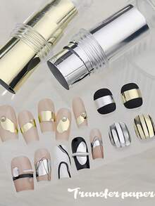 2片装美甲箔片，哑光镜面金属金银色全息纸凝胶指甲油转印贴纸，DIY图案美甲装饰贴片 - 彩色 - 查看 8