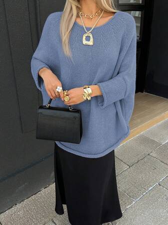 女士简约通勤纯色蝙蝠袖圆领针织毛衣，圣诞节和新年