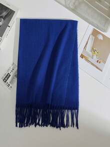 1pc Fashionable Solid Color Warm Wool Scarf, Unisex Casual Cold-Proof Tasseled Shawl For Couples, Everyday Wear, Autumn/Winter - Navy Blue - View 4