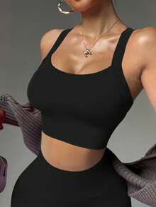 Women Seamless High-Elastic High-Support Sports Bra, Cross-Strap Solid Color Yoga Bra, Soft Comfortable Fitness Tops - 黑色 - 查看 3