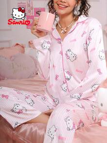 Sanrio 三丽鸥女士睡衣套装（2件套），粉色条纹蝴蝶结字母印花，少女风，长袖上衣和长裤睡衣，可爱家居服套装 - 粉色 - 查看 1